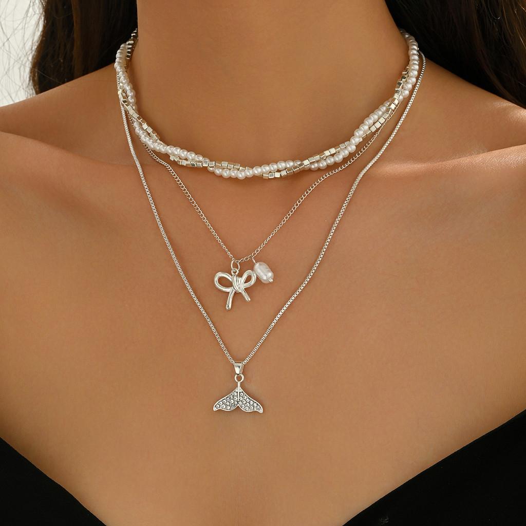 Schmetterlingsschleife Anhänger Halskette Mit Künstlicher Perle Mehrschichtige Kette Für Damen Und Herren