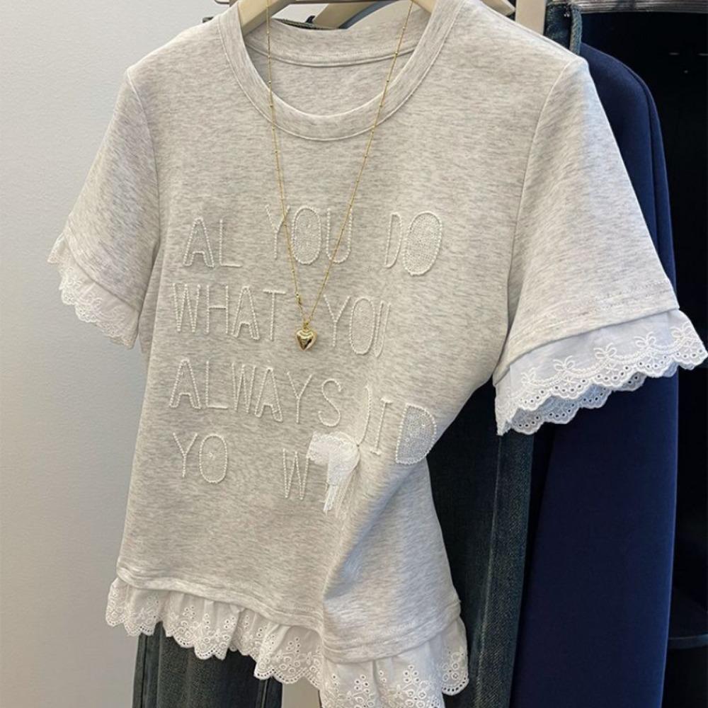 Pure Cotton Gray Lace Splicing Fake Two-piece Short-sleeved T-shirt for Women In Summer Short Slim Tops Ins