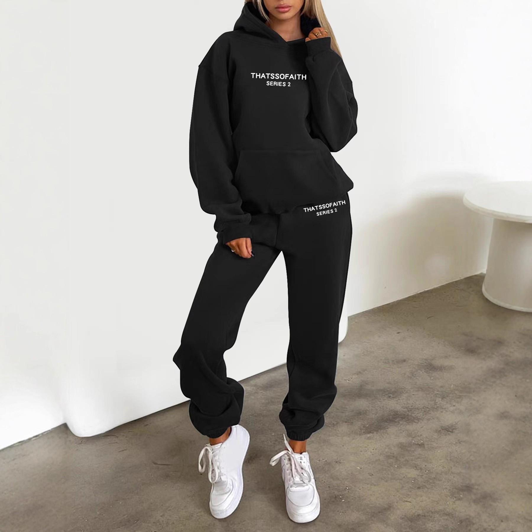 

European Women s Letter Print Hoodie & Brushed Long Pants Set - Japanese Korean Casual Style Medium чёрный