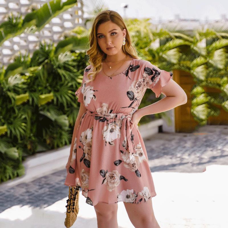 

Летнее женское платье с круглым вырезом и коротким рукавом с цветочным принтом, тонкое удобное дышащее платье с высокой талией, повседневное модное пляжное платье больших размеров 4XL розовый