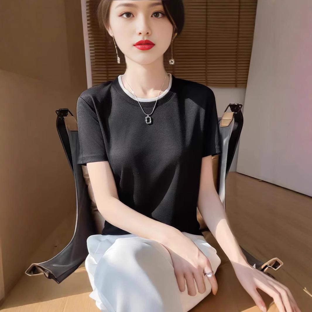 

2025 Summer Women s Color Block Two-in-One Short Sleeve Casual Slim Fit T-Shirt M