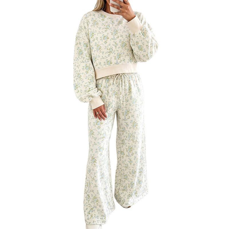 Womens Floral Print Casual 2-Piece Set With Drawstring Waist Long Sleeve Top Straight Leg Pants Loose Fit Winter