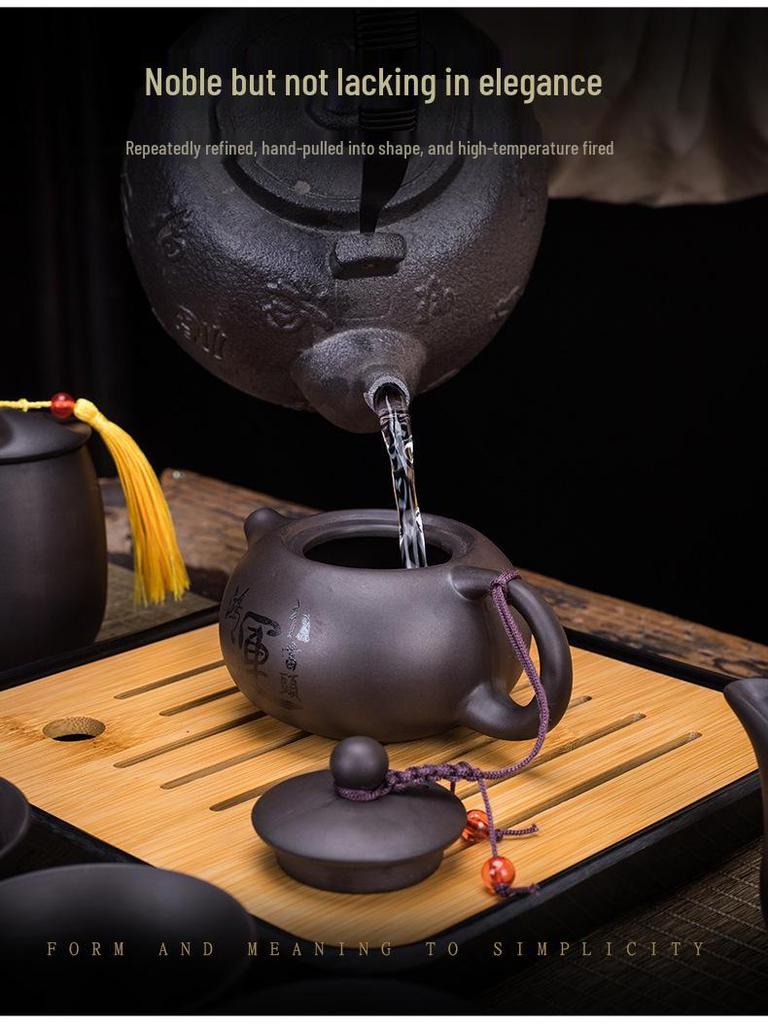 Portable Purple Clay Xishi Teapot Set with Leather Bag and Tea Tray for Home, Travel, or Business