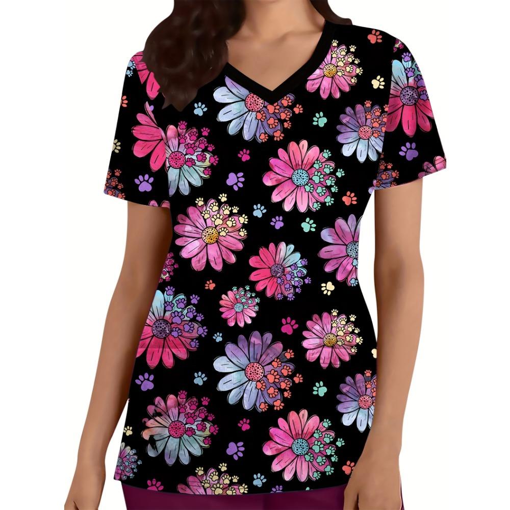 V-neck Floral and Cat's Paw Print Breathable Polyester Casual All-season Short Sleeves