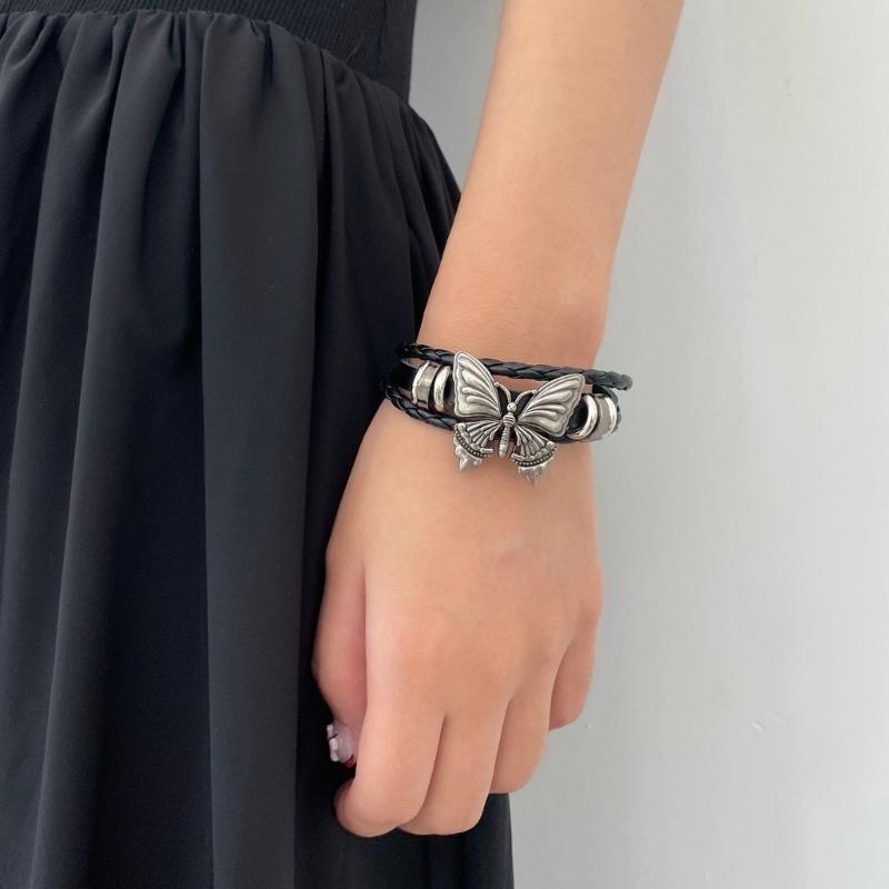 Women Men Cool Punk Choker Necklaces Bracelet Gothic Butterfly Pendant Biker Choker PU Leather Collar Sexy Jewelry Gift