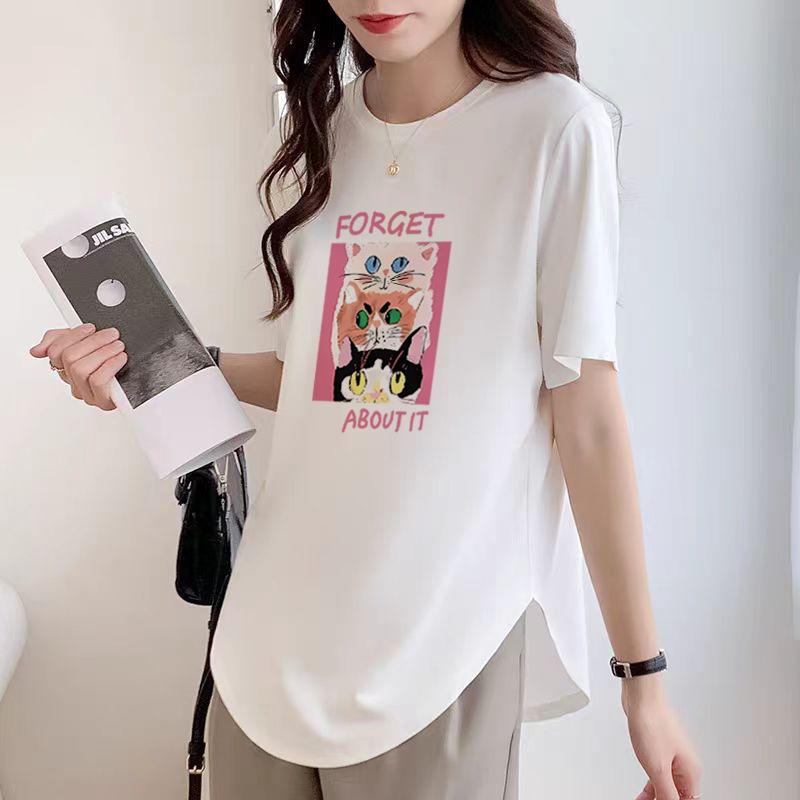 T-Shirt Damen Slim Top Unregelmäßig Baumwolle Kurzarm Sommer Gebogener Saum Große Größe Mittellang Stil Po-bedeckend