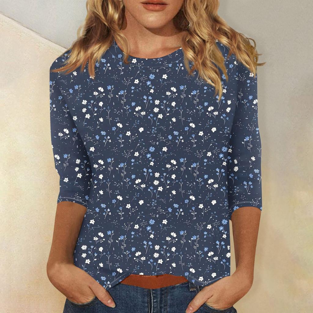Women's Fashion Casual Three-quarter Sleeve Vintage Floral Print Round Neck Top