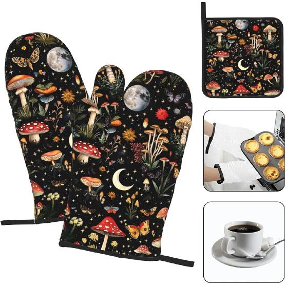 Cute Black Mushroom Fairy Tale Oven Mitts and Pot Holders Sets of 3, Heat Resistant Black Hot Pads Witchy Oven Gloves for Cooking Grilling Baking