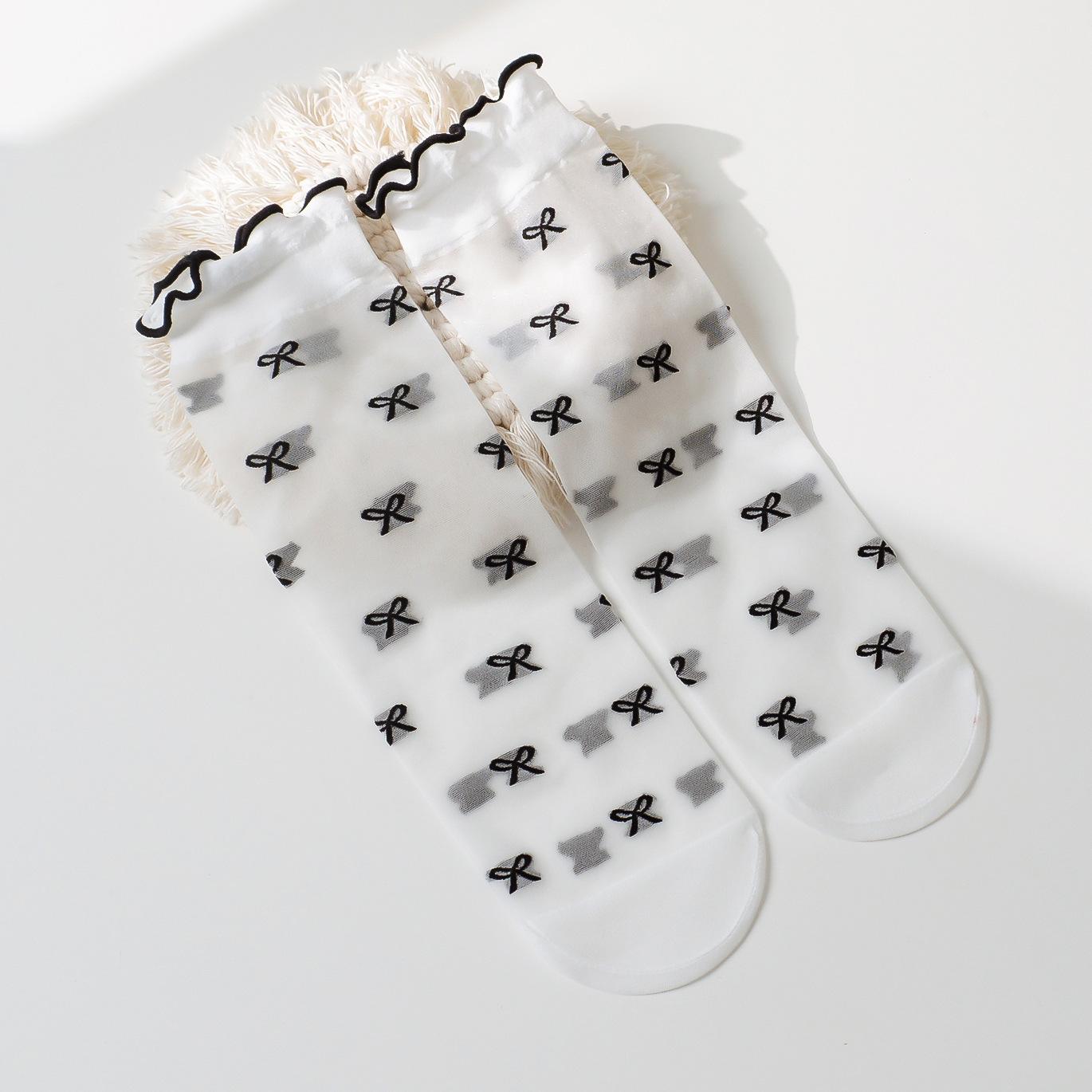 Chaussettes Femme Ultra-Fines Féminines Mi-Mollet Maille Volants Pois Cœur Imprimé Été Soie de Verre Mignonnes Kawaii Lolita Bas Fins One Size gray