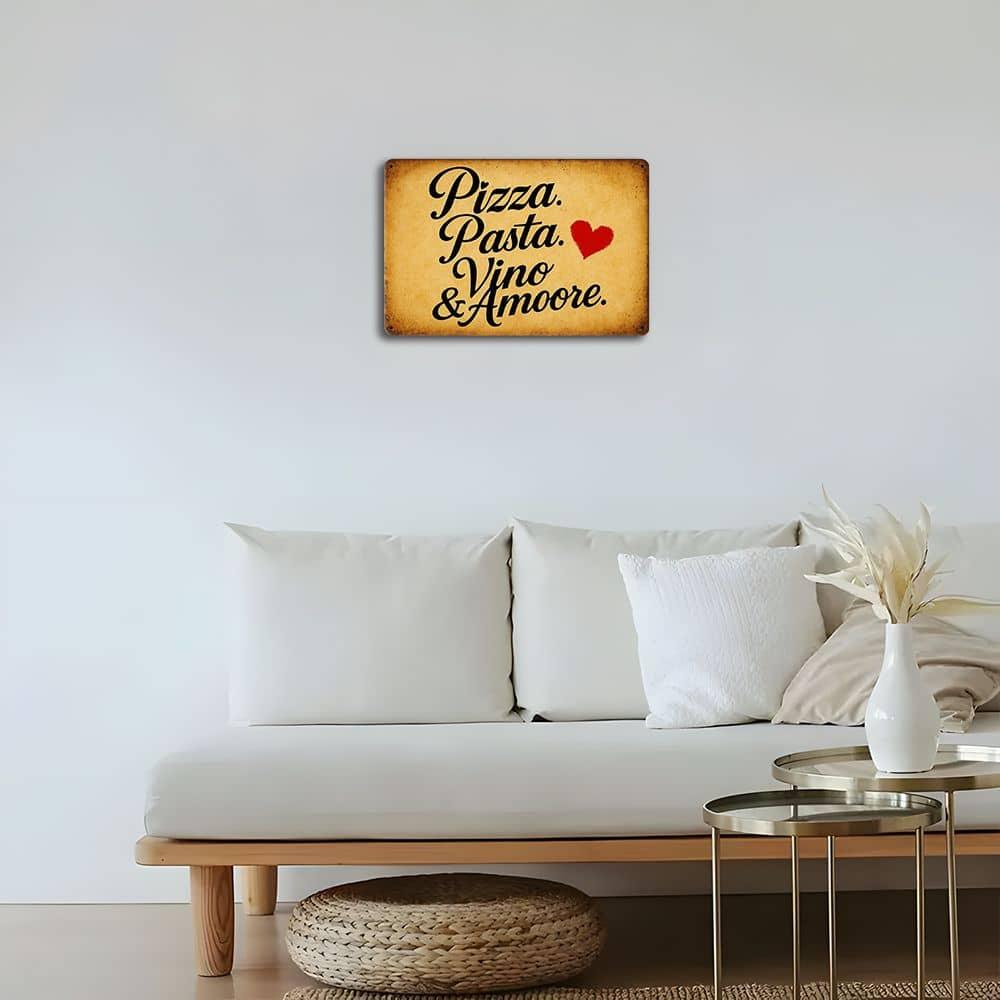 Italian Cuisine Metal Sign - "Pizza. Pasta. Vino & Amore." Vintage Aluminum Decor for Dining & Bar Spaces