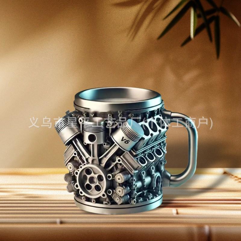 V6 V8 Engine Themed Resin Coffee Mug 3D Mechanical Design Novelty Gift Car Enthusiasts Office Decor