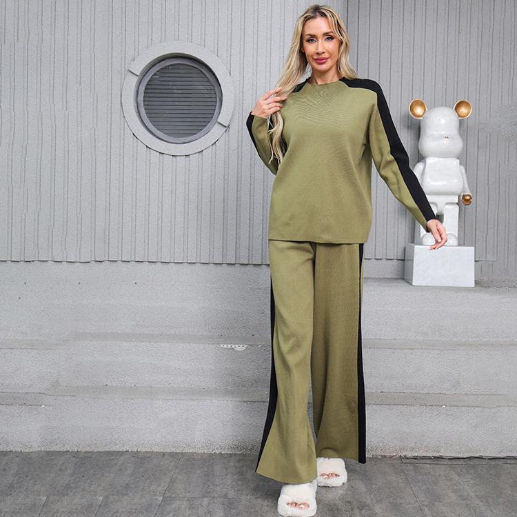 Conjunto de dos piezas de suéter de punto casual para mujer de otoño invierno, tops de manga larga tipo jersey y pantalón de pierna ancha, chándal