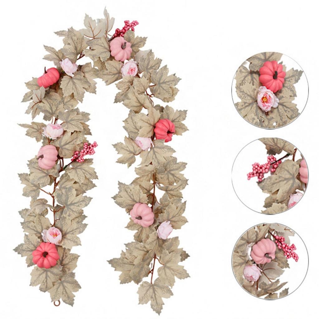 Fall Maple Leaves Garland Hanging Artificial Autumn Garland with Pink Pumpkins Flowers Berries For Halloween Thanksgiving Decor