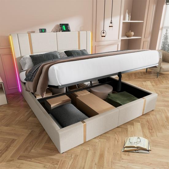 Linen Cover Charging Function Bed with Storage Space Mattress Headboard App Control Strong Wood Slat Support Bed Bedroom Furniture
