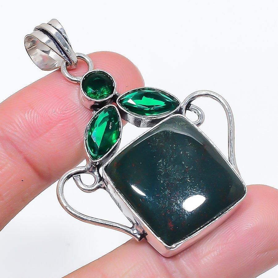 Natural Bloodstone, Diopside 925 Sterling Silver Jewelry Pendant 2.09" O9I81