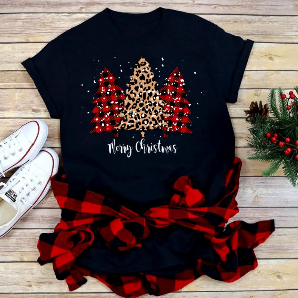 Casual Loose Fit Christmas Tshirt for Women Funny Cartoon Shiny Xmas Tree Print Top Holiday Festival Daily Streetwear Tee