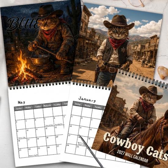 Vintage Style Cat Illustration 12 Calendar 12-Month Cowboy Wall Art 2027 Western Kitten Month Schedule