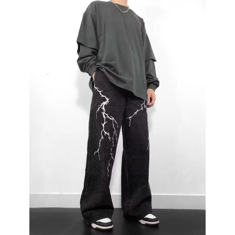 JYL Men's Wide-Leg Jeans Niche Lightning Embroidered Spring American Street Denim
