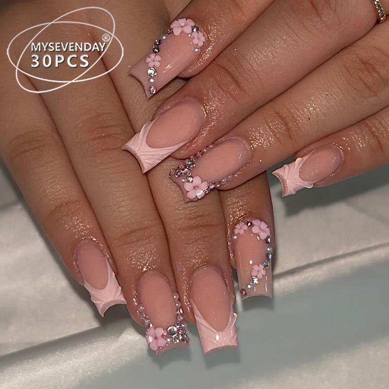 European & American Style Flash Diamond Flower French Manicure Press-On Nail Tips
