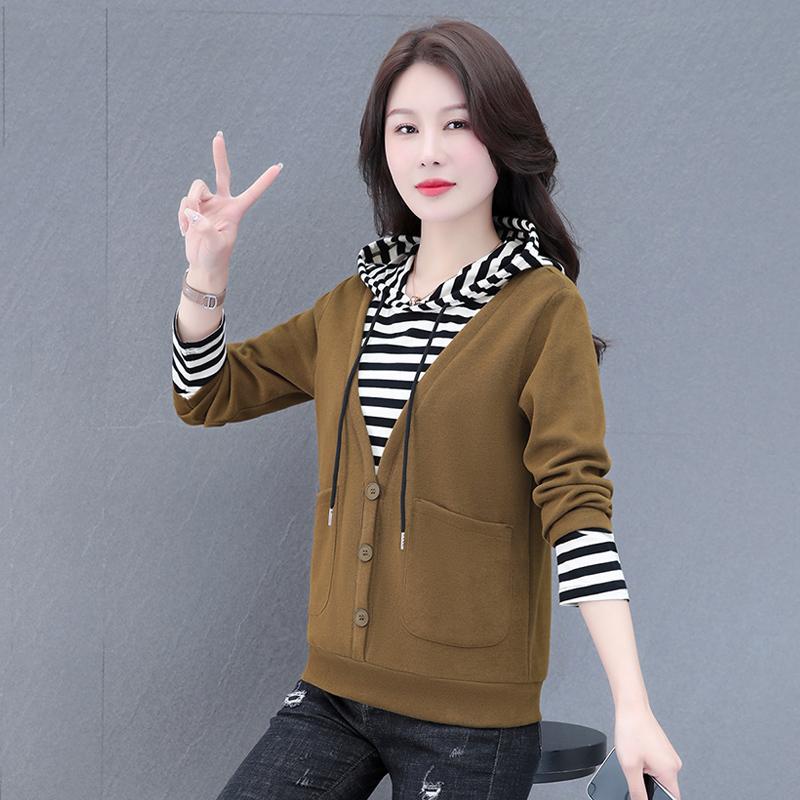 Women's Korean-Style Casual Button Hoodie Long-Sleeve Loose Slimming Layered Look Pullover Top