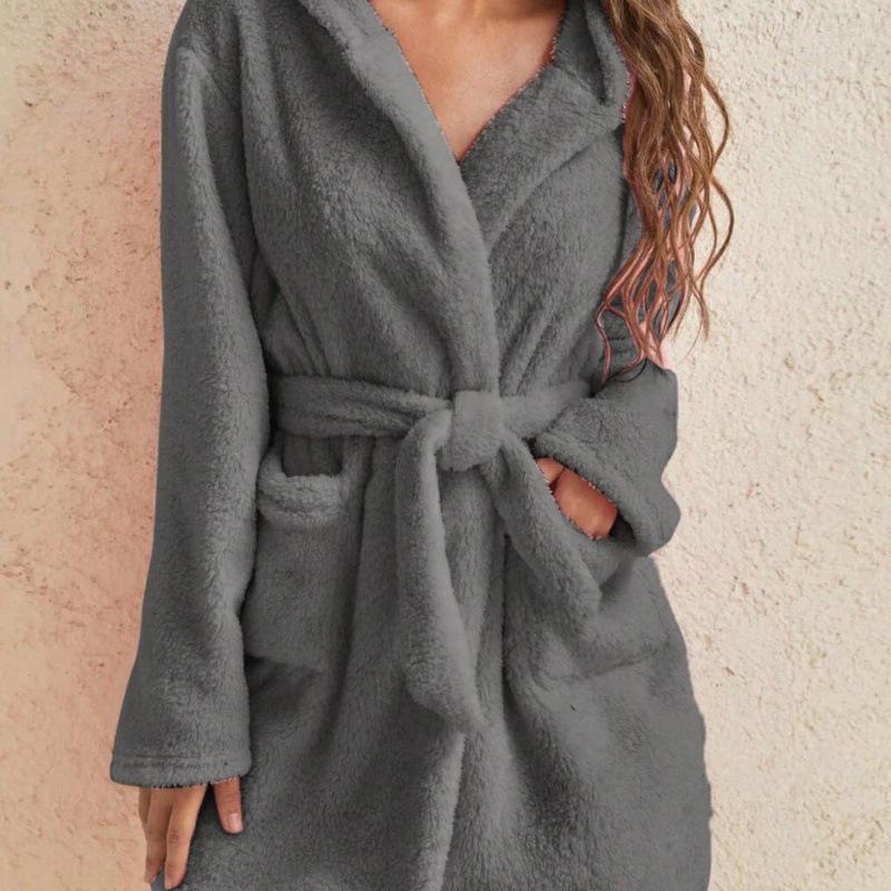 Damen Bademantel aus dickem Flanellfleece – Lang, kuschelig, Herbst-/Winter-Loungewear