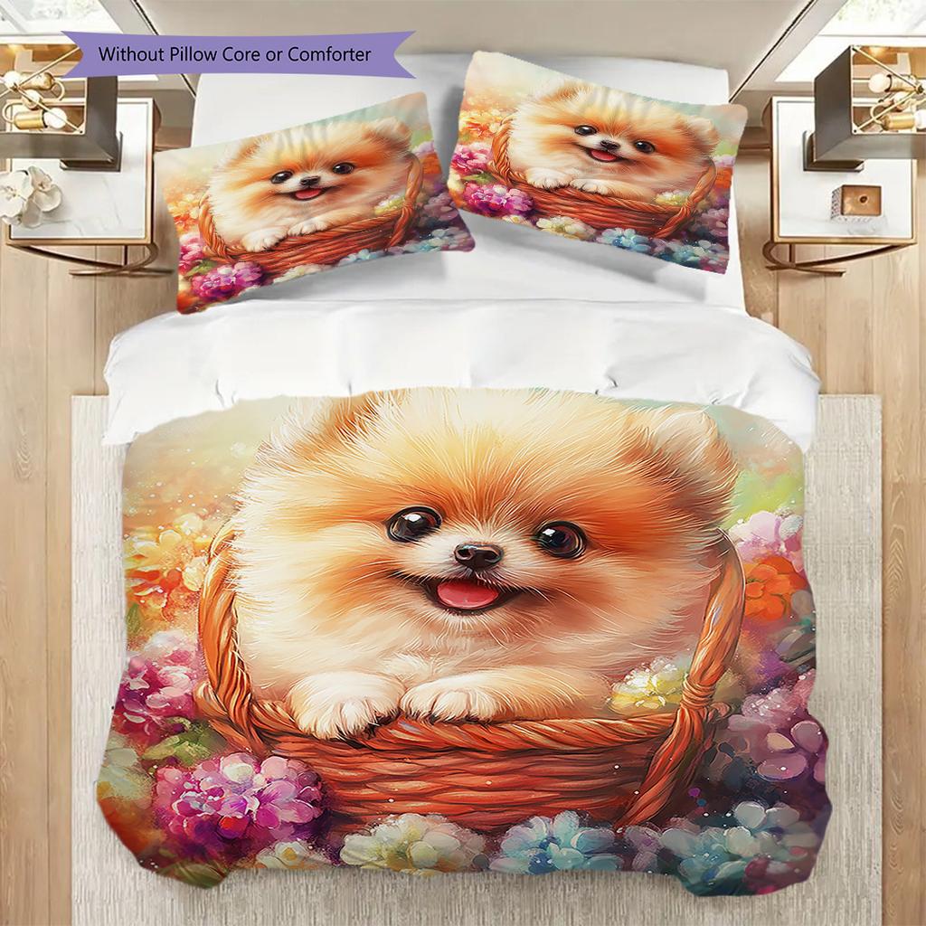 Pomeranian Pattern Bedding Quilt Set Quilt Cover Pillowcase Home Decoration Birthday Gift (1 * duvet cover + 2 * pillowcase, without core)