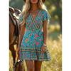 Mini Abito da Donna Boho con Stampa Floreale, Scollo a V, Incrociato, Maniche Corte, Orlo Arricciato