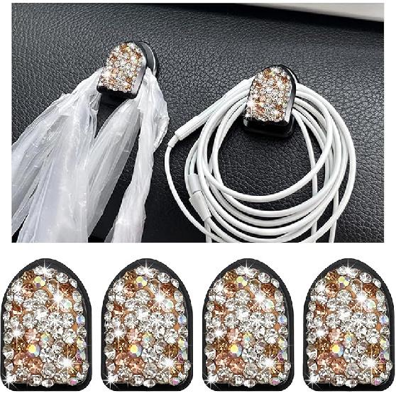 4PCS Bling Car Mini Hooks, Multifunctional Adhesive Small Auto Storage Hook for Key Cable Mask, Crystal Rhinestone Dashboard Hanging Hook, Interior