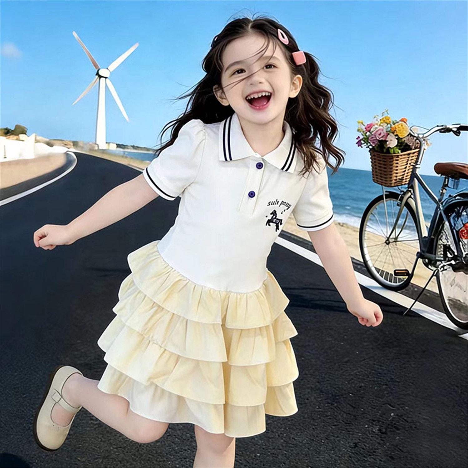 Girls Summer Cartoon Polo Collar Layered Mid-Length Princess Dress - Trendy Style for Medium and Large Children 150 cm