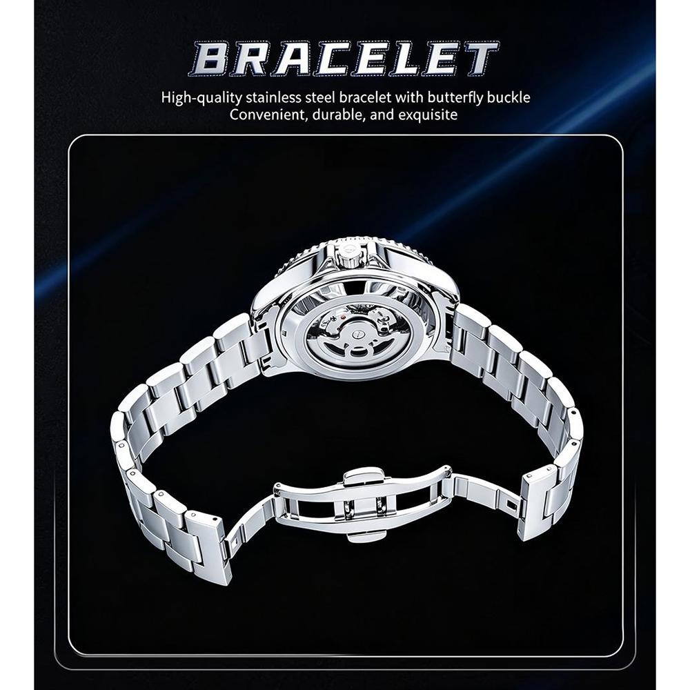 Mens Self-Winding Mechanical Watch Skeleton Moon Phase Luminous Dial Rotating Bezel Steel Strap Wristwatch Waterproof