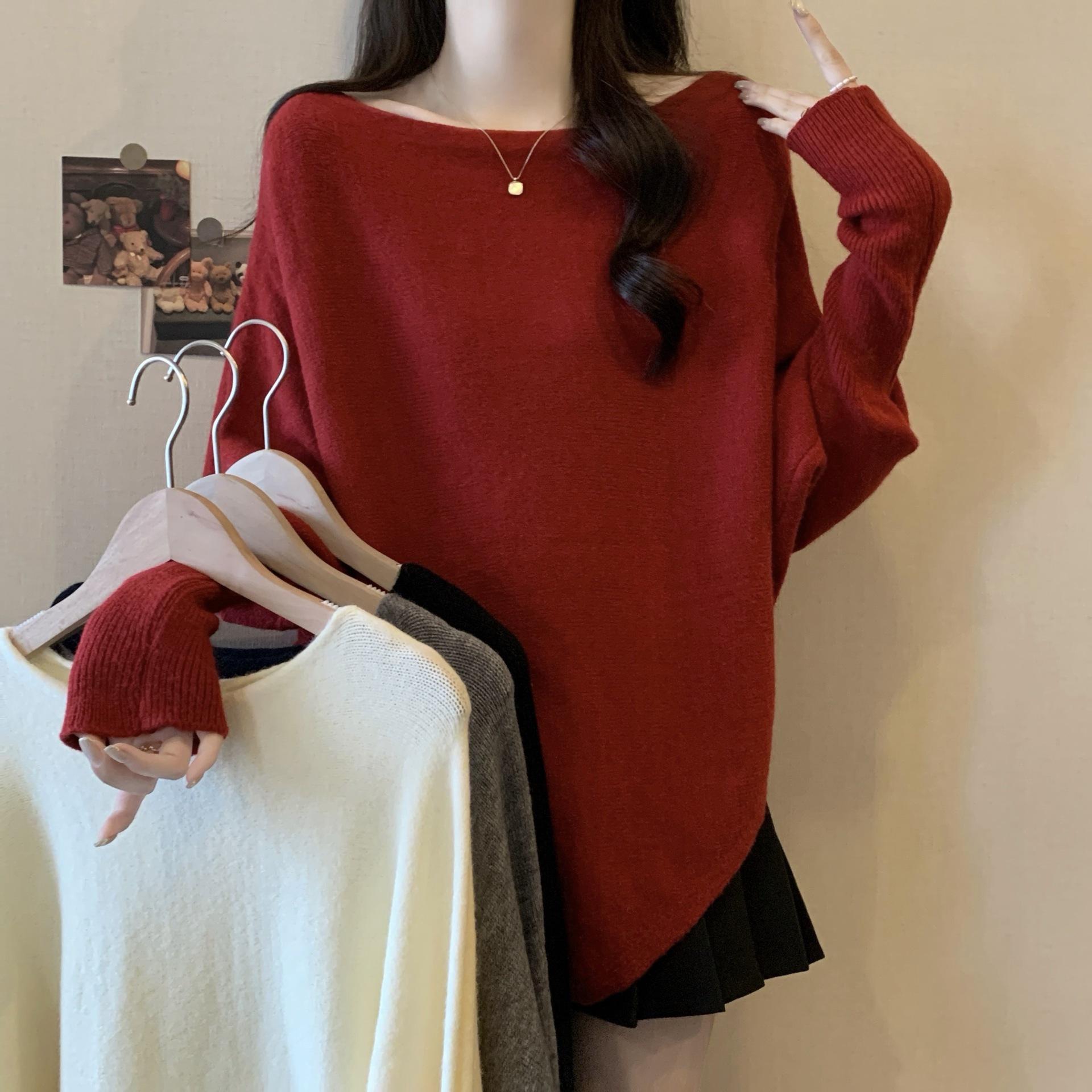 

Plus Size Red Batwing Sleeve Pullover Sweater - Women s Autumn/Winter Loose One-Shoulder Knit Top XL чёрный