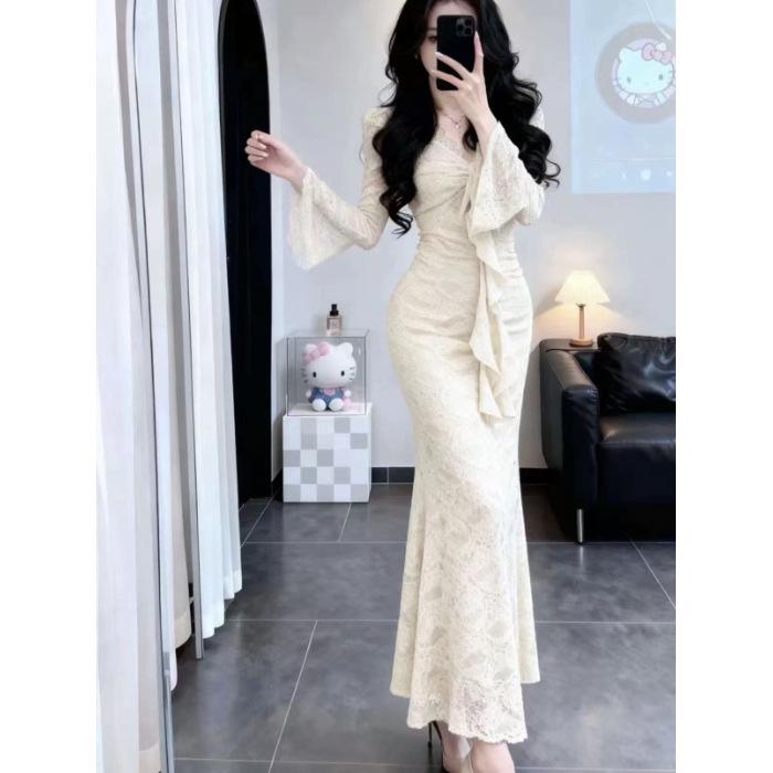 Spring & Autumn Sexy V-Neck Lace Dress - Solid Color, Slim-Fit, Hip-Hugging, Mid-Length Skirt for Women, Exudes Elegant Temperament.