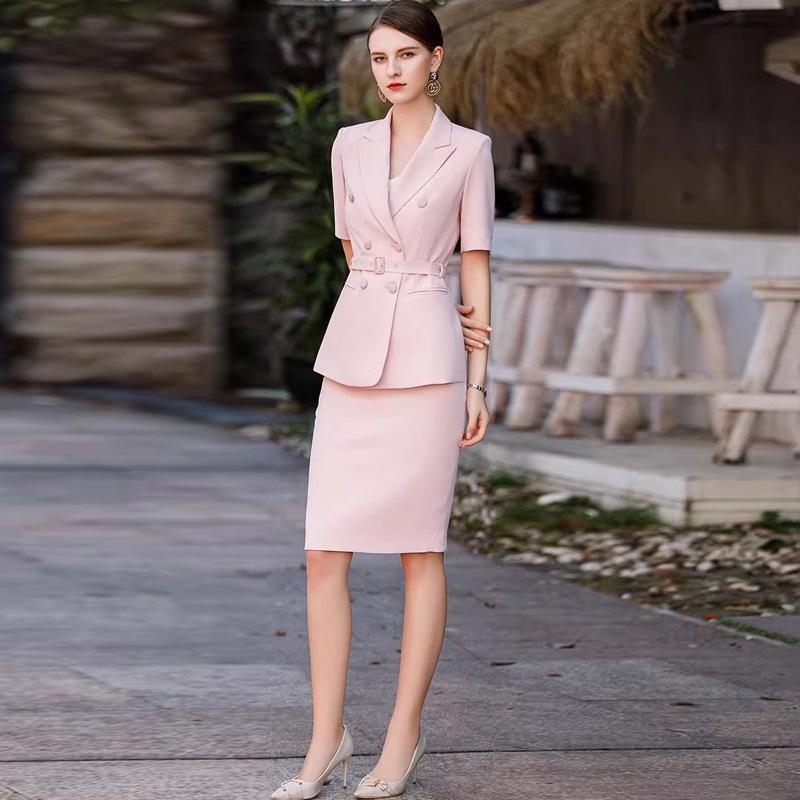 Women's Summer Pink Short-Sleeve Blazer Set - Professional OL Style