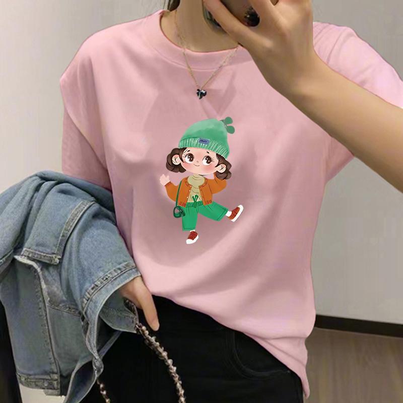 

Summer cotton short-sleeved t-shirt women s 2025 new printed front shoulder crew neck white inner top bottoming shirt ins 3XL