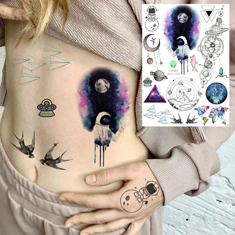 6 fogli di tatuaggi temporanei dello spazio per bambini, adulti, acquerello, astronauta, pianeti, galassia, adesivo per tatuaggi finti per ragazzi e ragazze