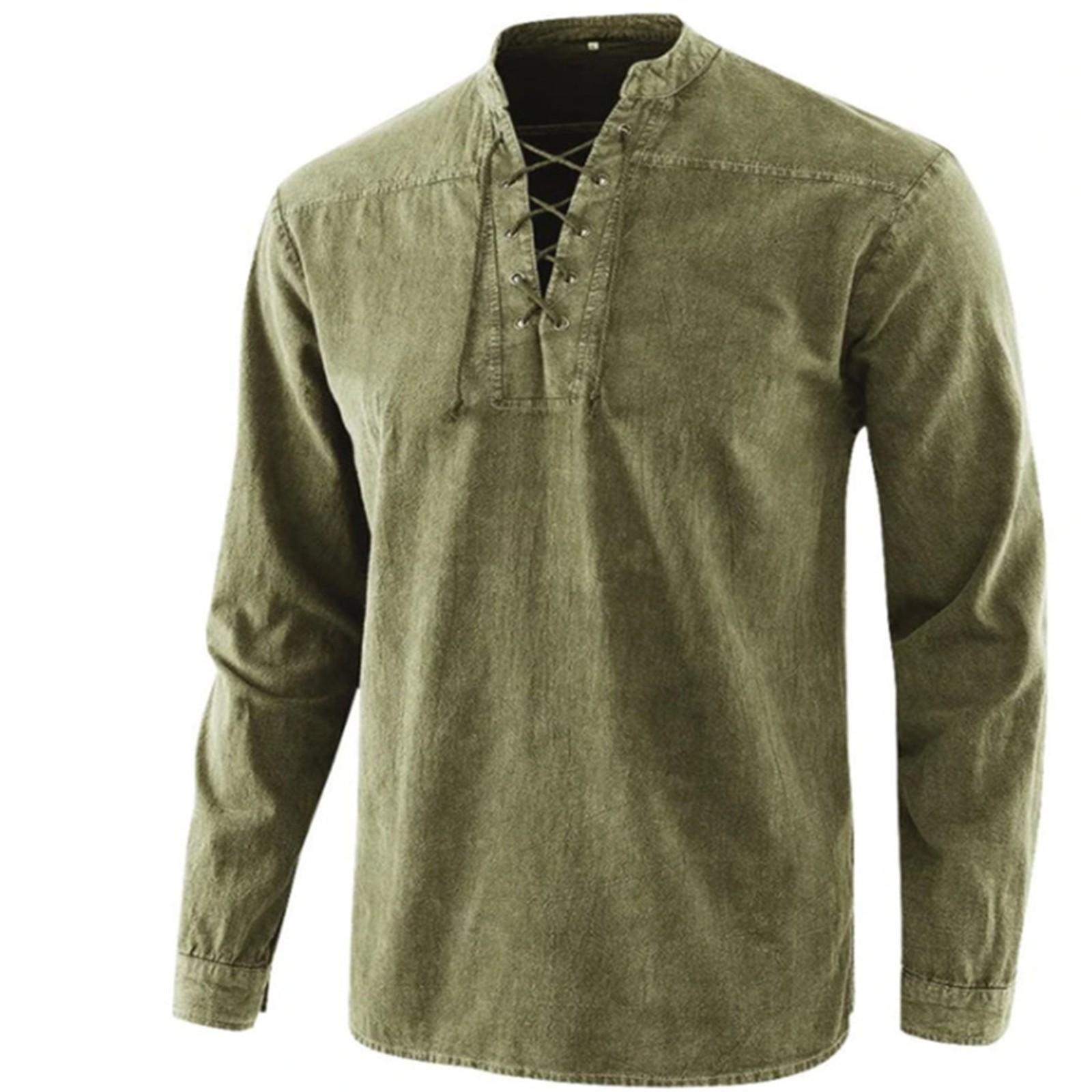 

Men s Solid Color Vintage Laced Stand-Collar Loose Casual Shirt L армія зелений колір