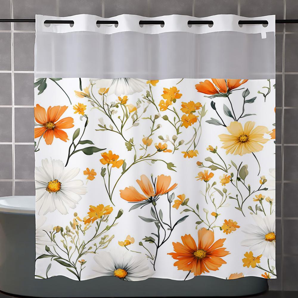 No Hook Yellow Floral Shower Curtain With Snap-in Fabric Liner, Sheer Top Window, Waterproof Double Layer Bathtub Curtain