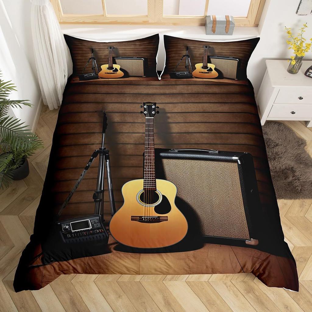 Retro guitar wood grain three-piece duvet cover 3D digital printing bedding home textile