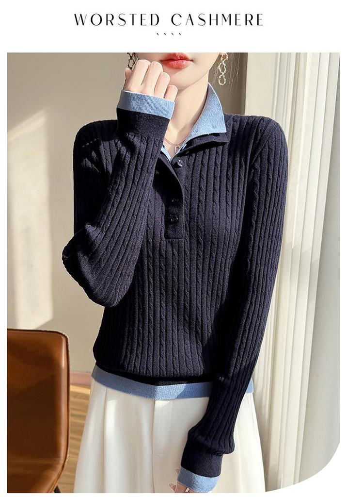 Half-Open Stand Collar Contrast Faux Two-Piece Slim Fit 60s Merino Wool Cable Knit Sweater
