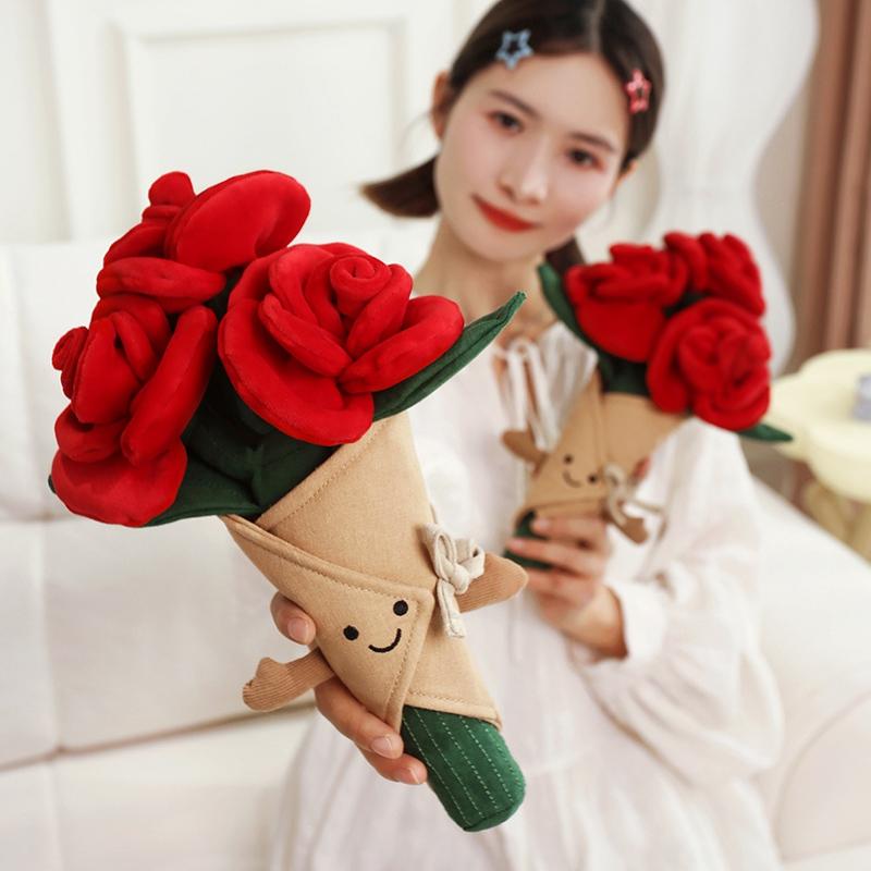 Everlasting Plush Rose Bouquet Toy With Smiley Face Soft Simulated Flower Decor Romantic Valentine‘S Day Gift For Girls Kids