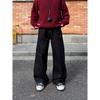 Mens Black Wide Leg Straight Fit Denim Pants Vintage Washed Loose Casual Trousers Streetwear