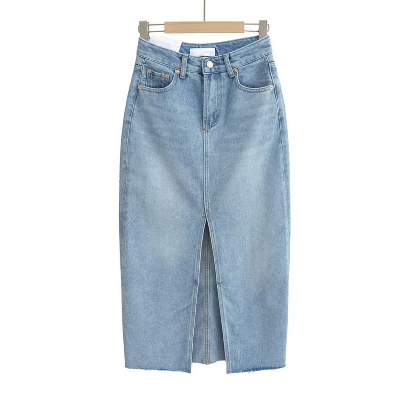 Spring New Arrival American Retro Ins Style High Waist A- Line Mid Length Long Length Front Slit Raw Edge Denim Skirt