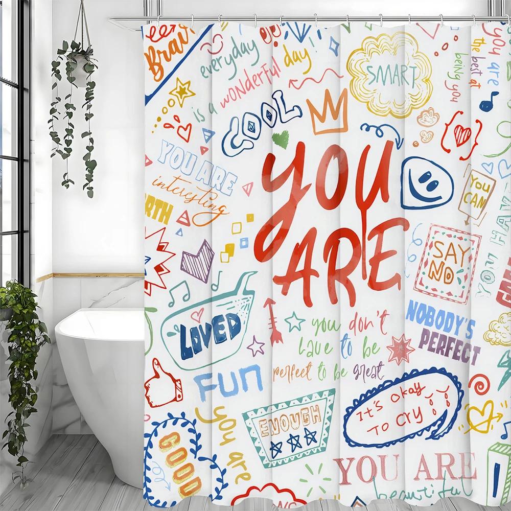 Inspirational Quotes Colorful Graffiti Text Shower Curtain, Bathroom Decorative Shower Curtain, Waterproof Shower Curtain with H