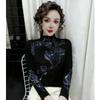 De Rong Women's Autumn/Winter Rhinestone Long-Sleeve Semi-High Neck Base Layer Shirt