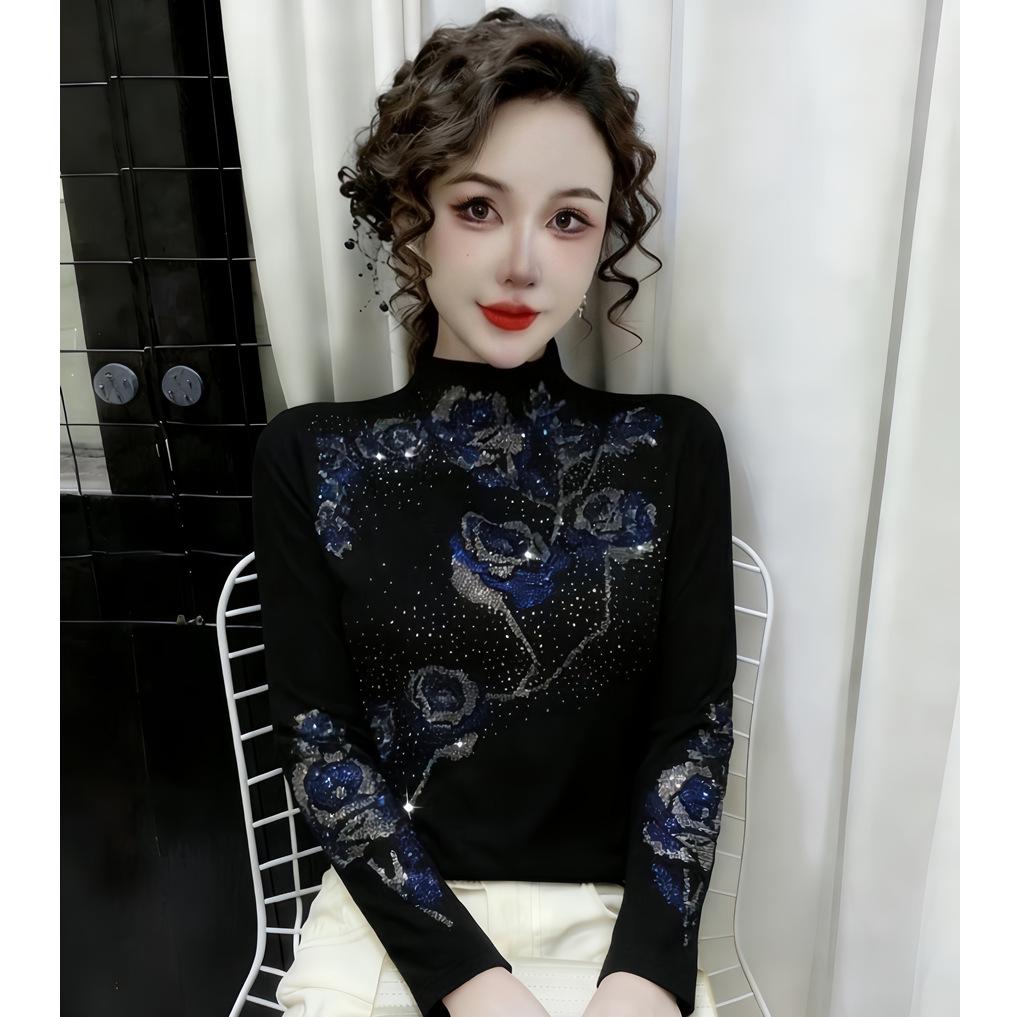 De Rong Women's Autumn/Winter Rhinestone Long-Sleeve Semi-High Neck Base Layer Shirt