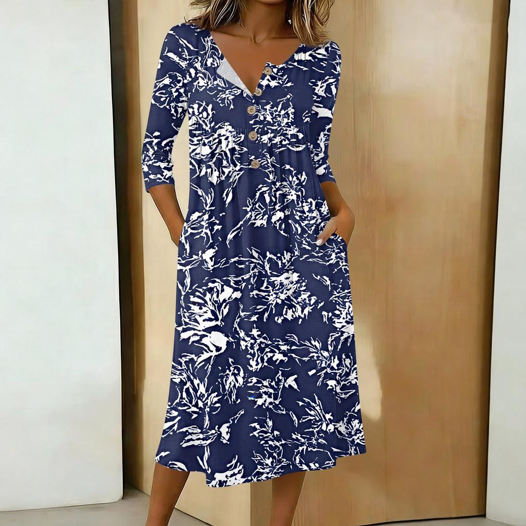 Women's Casual 3/4 Sleeve Button-down Mid-length Dress