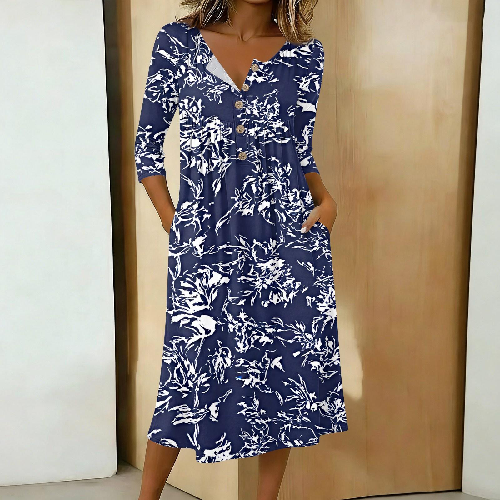 

Женское повседневное платье миди с рукавом 3/4 и застежкой на пуговицы L темно-синий