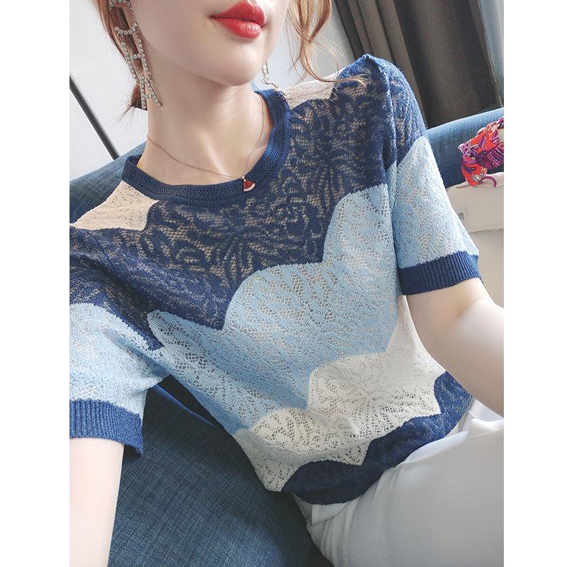 2026 Summer Blue Pine Mist Short-Sleeved Ice Silk Knit Sweater for Women - Elegant, Skin-Brightening Design