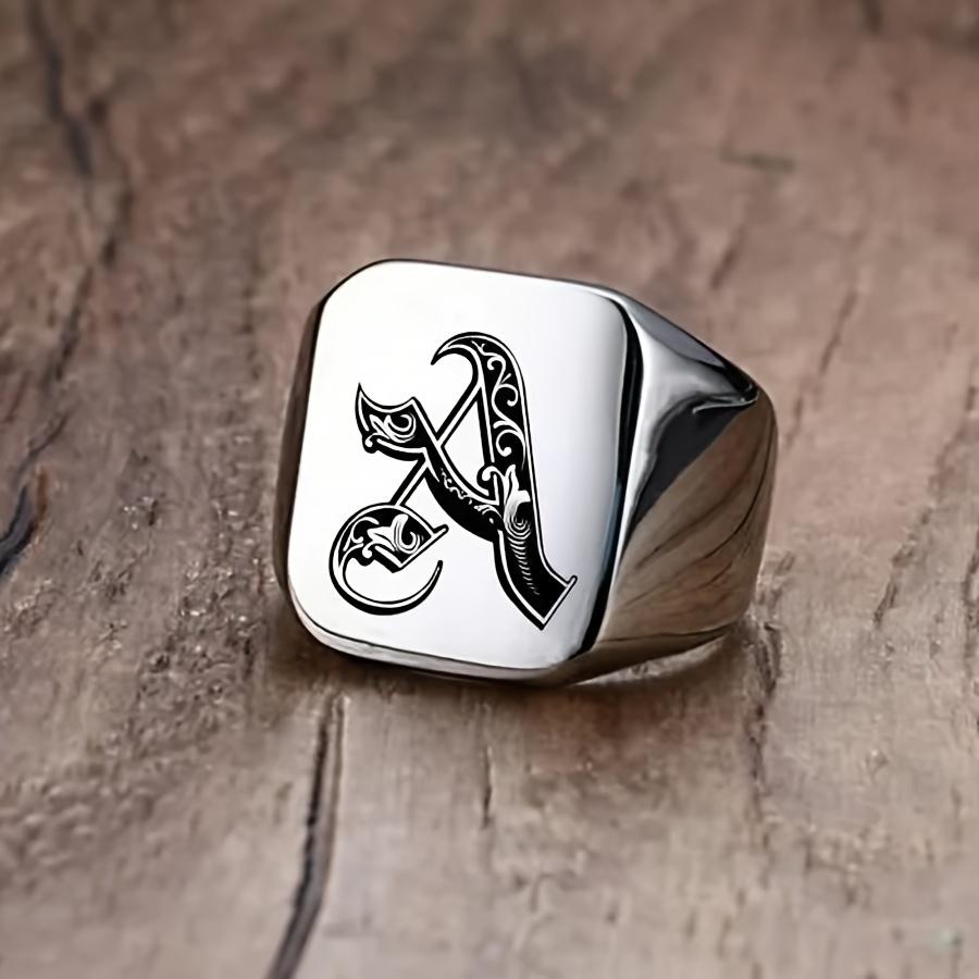 1pc Men s Fashion Square Stainless Steel Ring - Trendy 26 Letters Engraved Design, Durable, Hypoallergenic, Comfortable to Wear, Perfect for Everyday 6