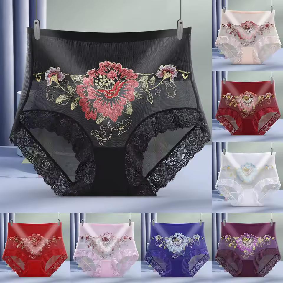 High Waist Panties for Women Floral Lace Panties Underwear Temptation Girls Belly Briefs Transparent Underwear Culotte Femme